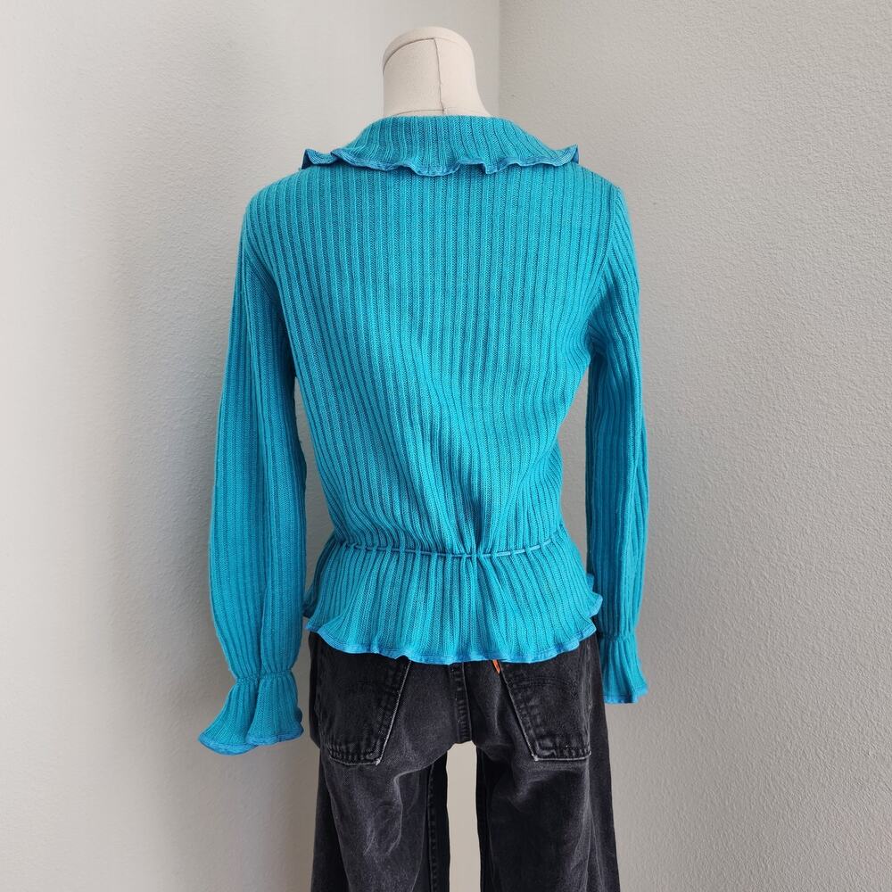 Vintage 70s Blue Teal Knit Ruffle Wrap Cardigan Tie Waist Top S Kentelle - Picture 7 of 16